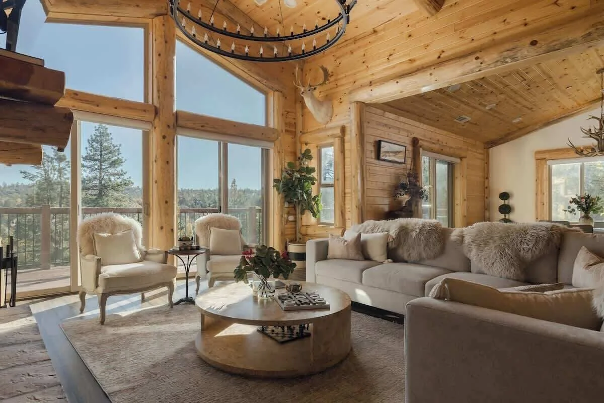 Bright living room with treetop views