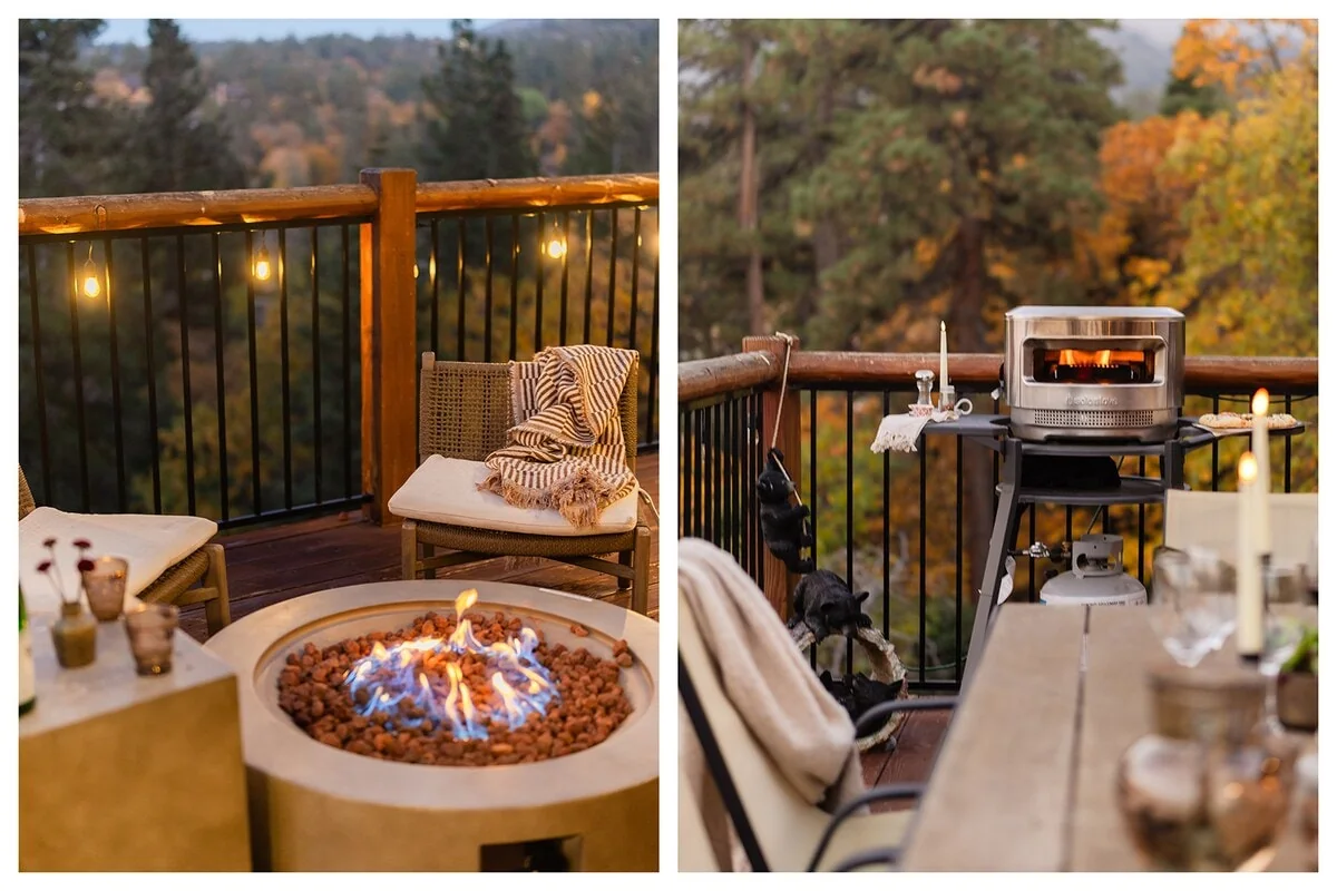Deck scenes showing the fire pit and Solo Stove pizza oven