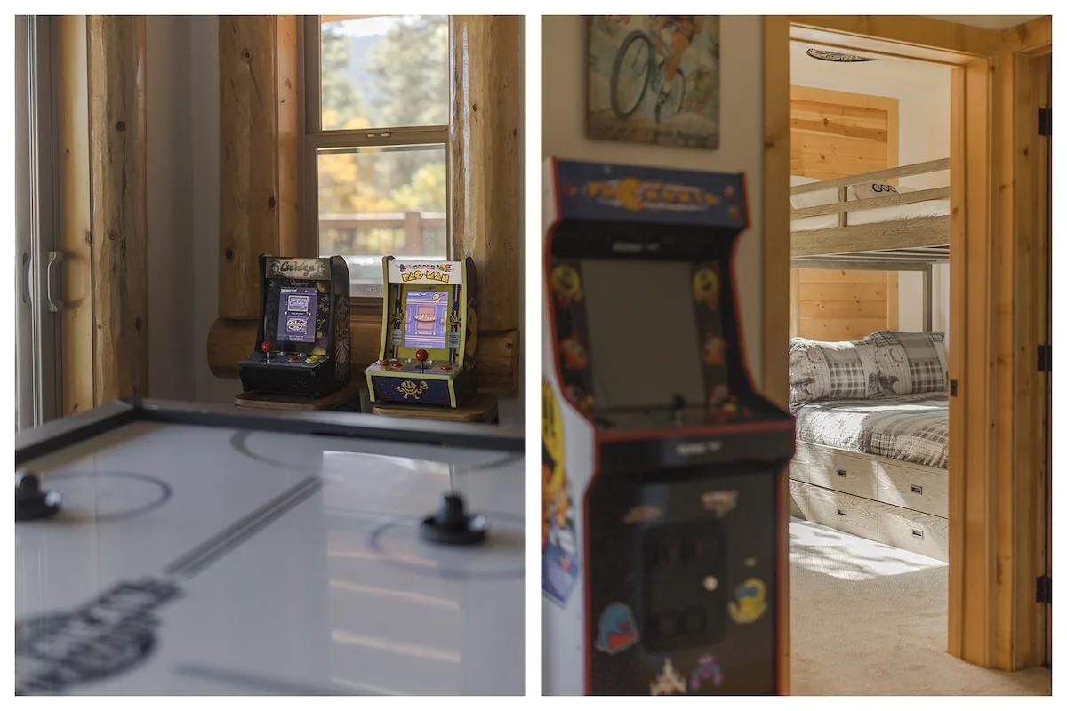 Arcade machines and air hockey near a guest bunk room